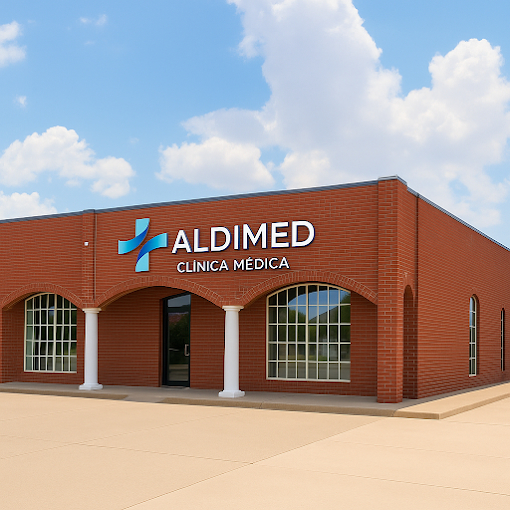 Exterior de ALDIMED Clínica Médica en 2504 Ashford Dr, Clovis NM - Edificio moderno de ladrillo con fachada profesional, ventanas arqueadas, columnas blancas y logo ALDIMED prominente